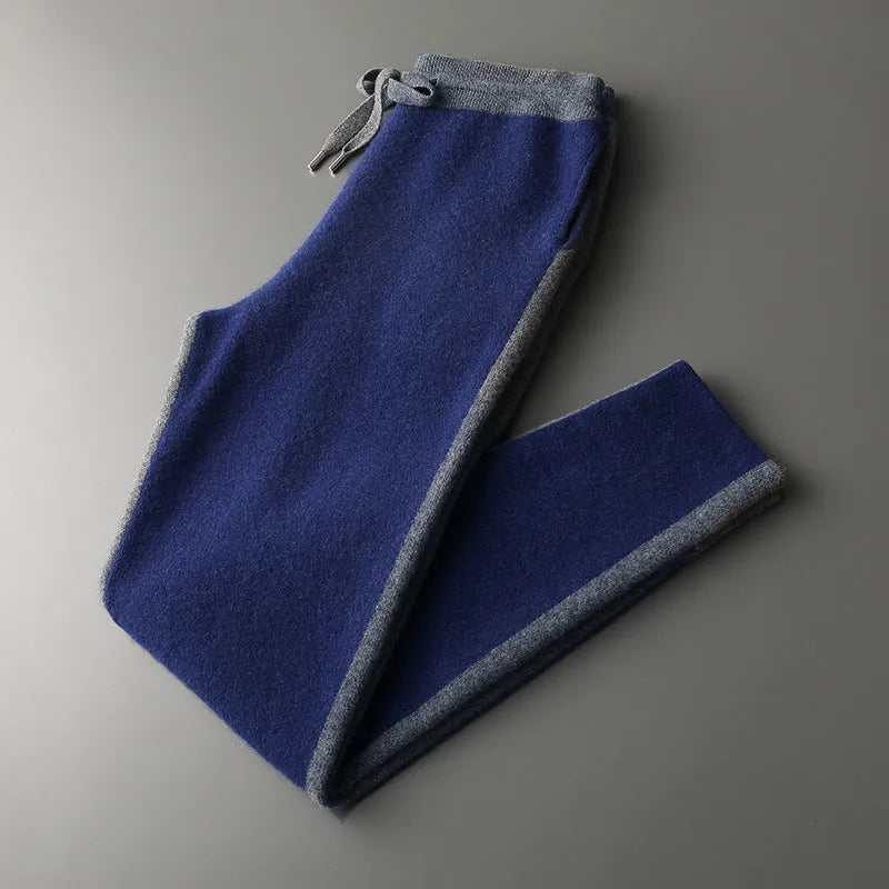Men's navy blue cashmere wool blend half turtleneck zipper cardigan with matching trousers