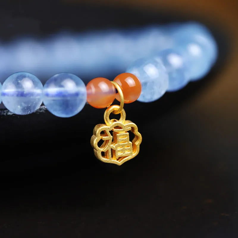 Ice translucent natural aquamarine crystal bracelet with 8mm beads and blessing card design