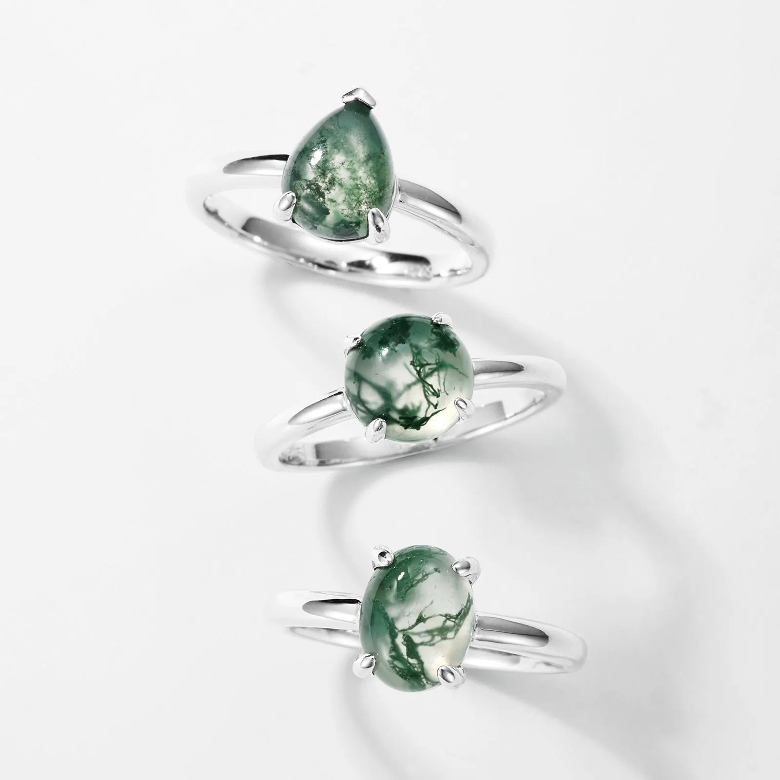 Simple water plants agate ring for women with oval green moss stone 7x9mm on agate band
