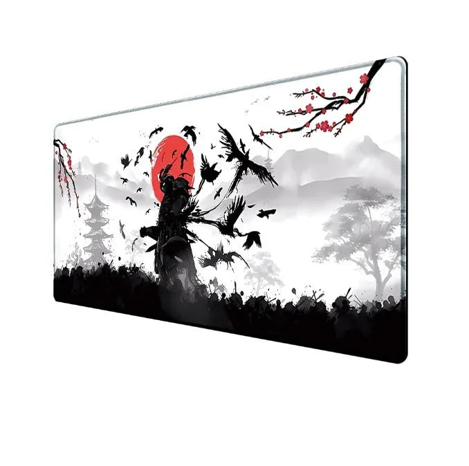 Cloth gaming mouse pad with Japanese samurai design, showing non-slip base and size options