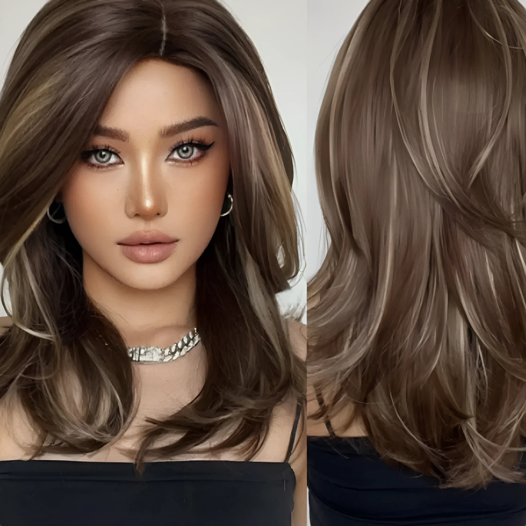 Mid-length platinum gradient colour full-head wig with long curly hair and bangs