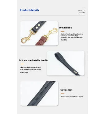 Black PU leather pet traction belt with metal chain rings for lead attachment
