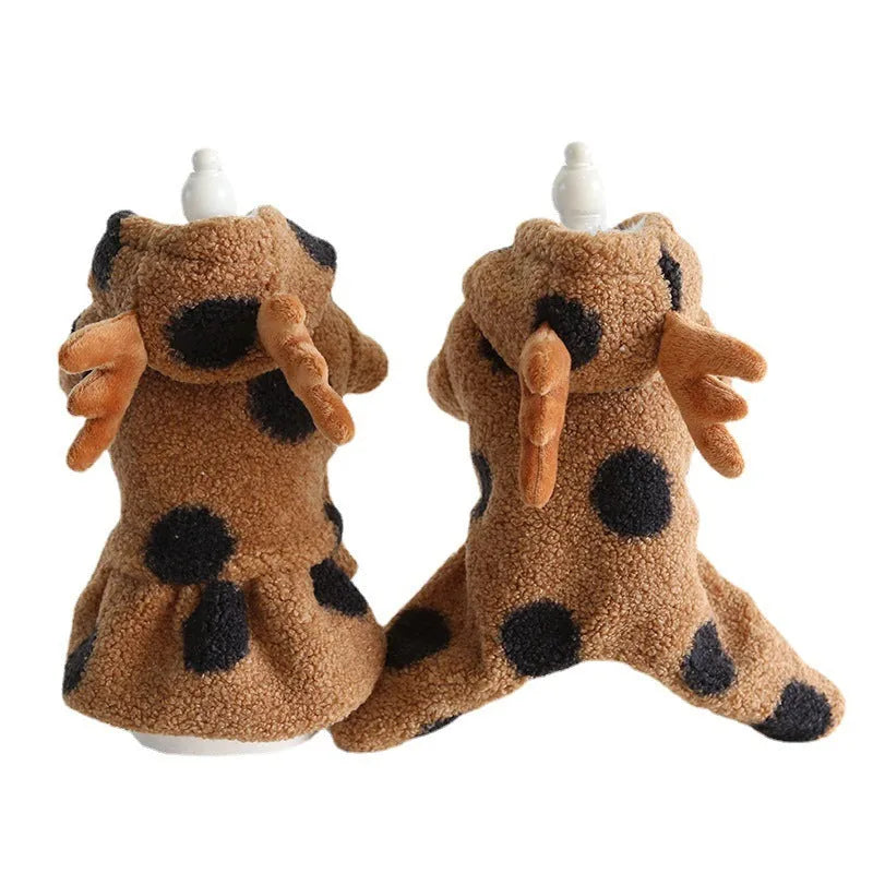 Polka dot pet clothing for dogs or cats in skirt and four-leg styles with elk couple design.
