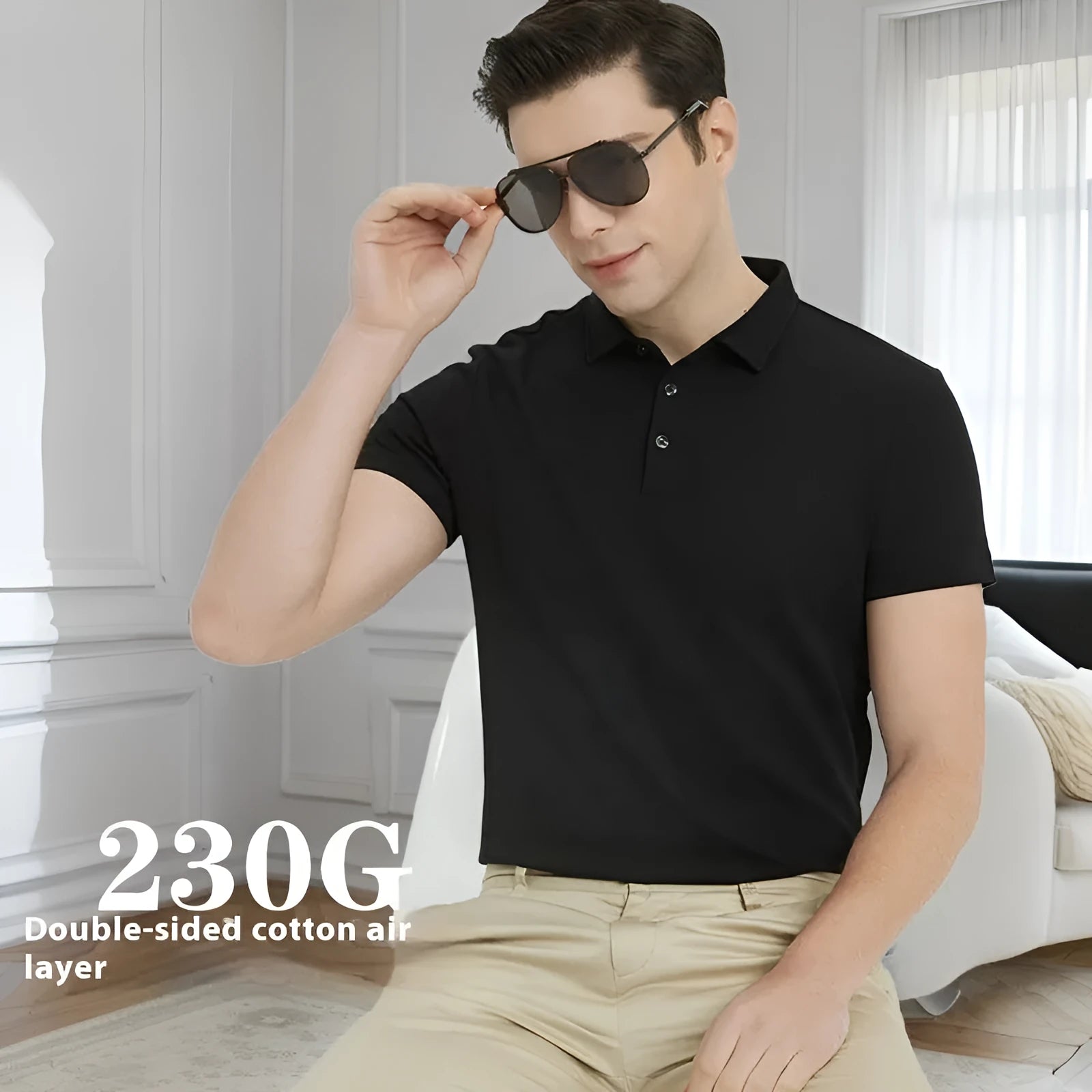230g double-sided cotton non-ironing air layer polo shirt for men short sleeve solid colour top in black
