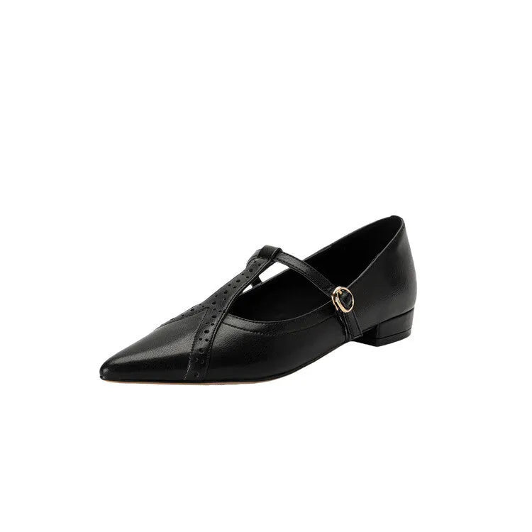 Brown women's pointed low-cut flat shoes with cowhide leather and 3-5cm mid heel