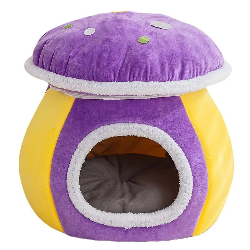 Mushroom-shaped thermal plush cat bed in gray, pink or purple colour options