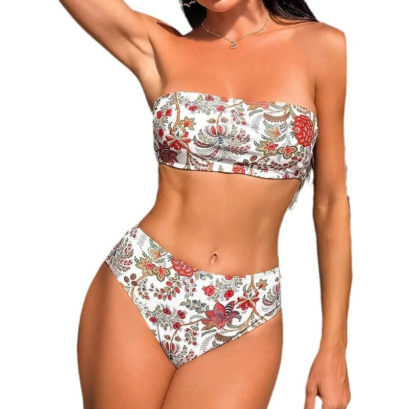Women's printed bandeau swimsuit with triangle top and matching shorts for swimming