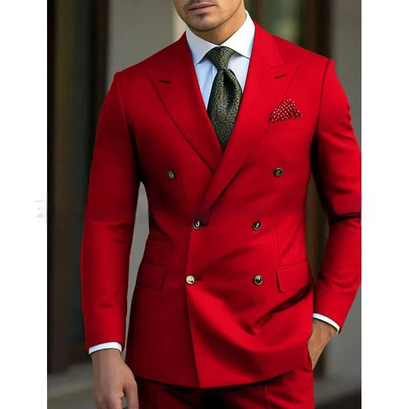 Men's light business style two-piece suit jacket and trousers on a hanger.
