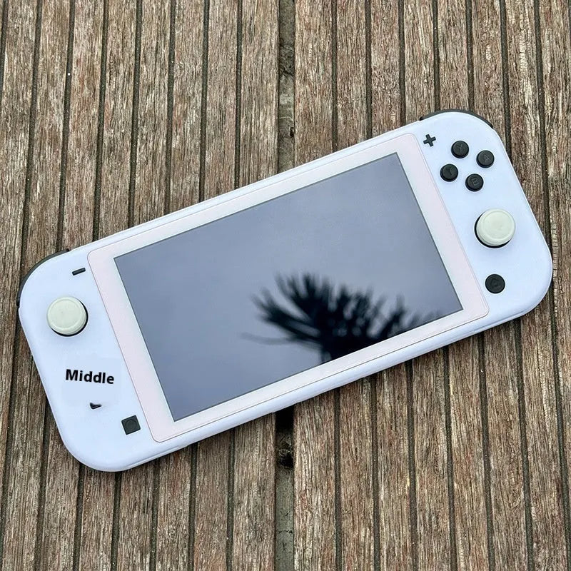 DIY transparent Switch Lite shell kit with ABS PC material, tempered film, and button set on a neutral background