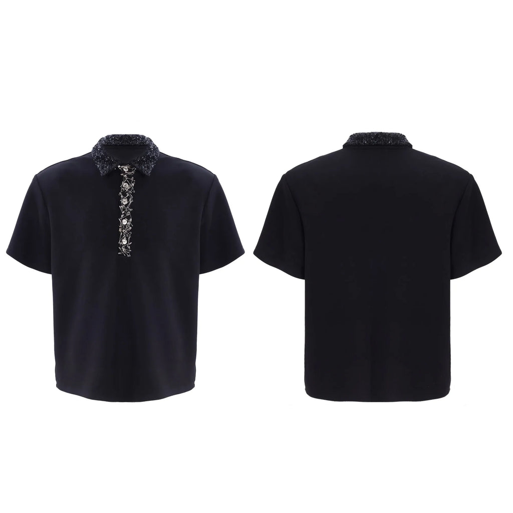 Black men's loose polo t-shirt with heavy embroidery sequins detail on the chest and a square collar.