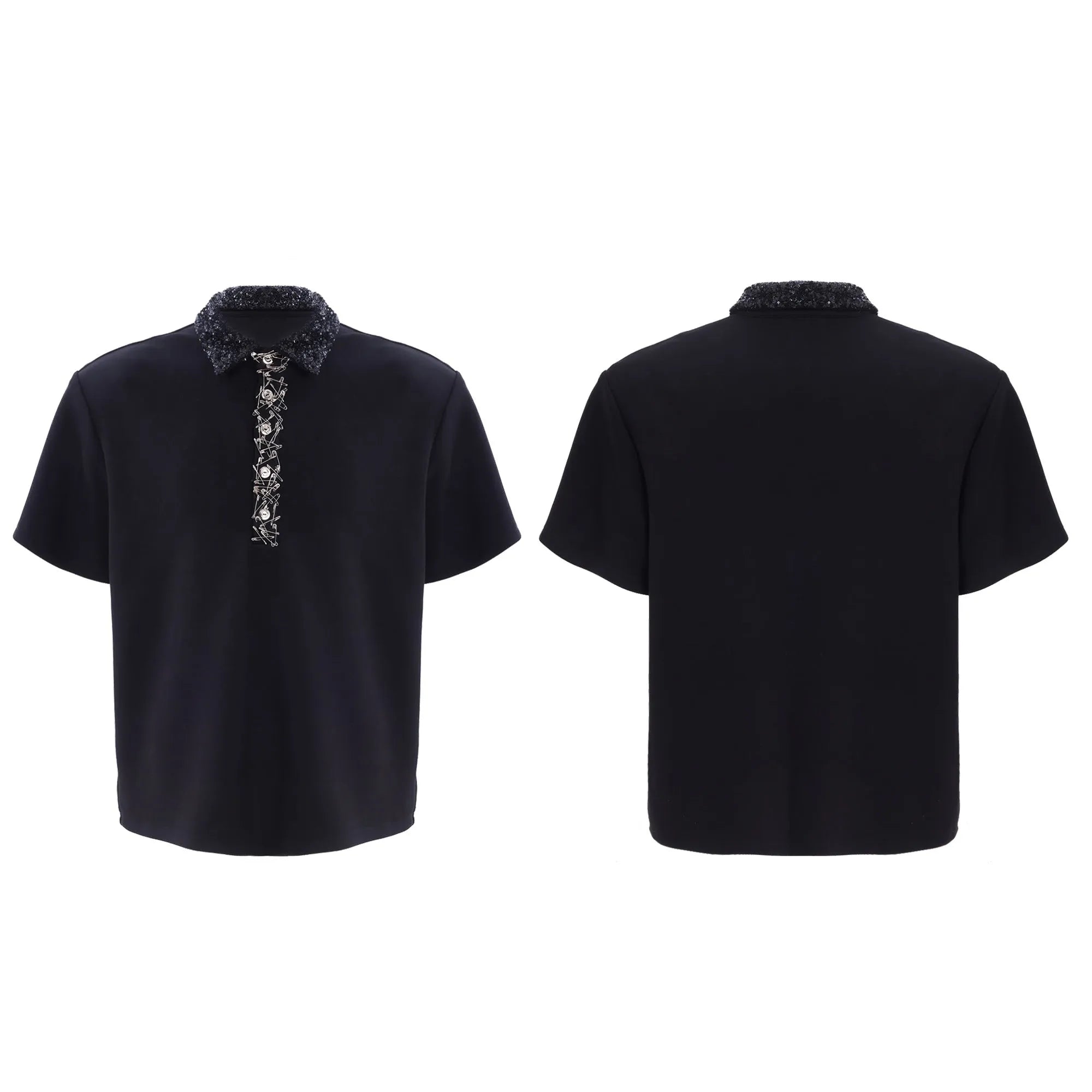 Black men's loose polo t-shirt with heavy embroidery sequins detail on the chest and a square collar.