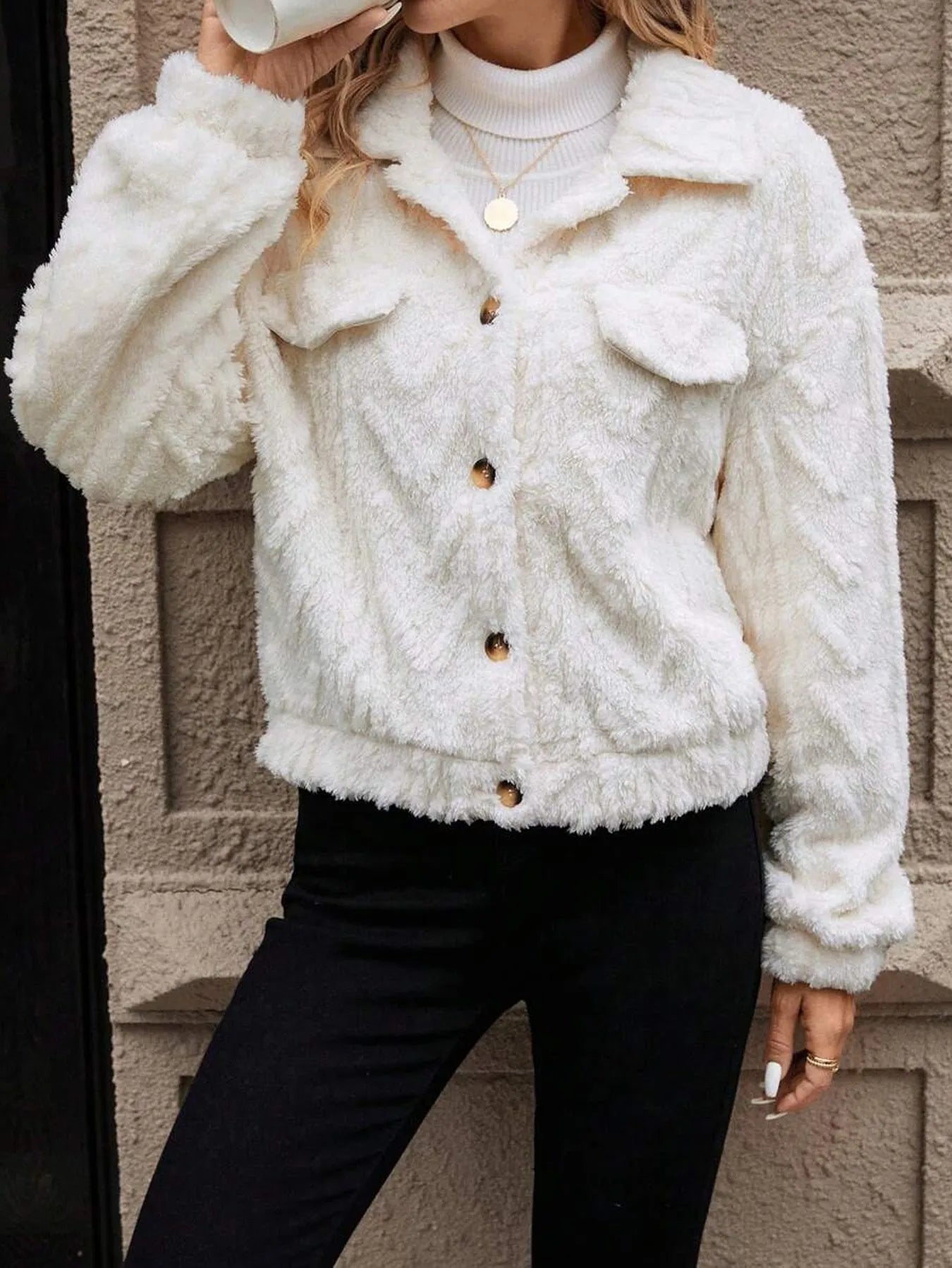 Women's ivory white button cardigan coat with double-sided plush fabric and long sleeves.