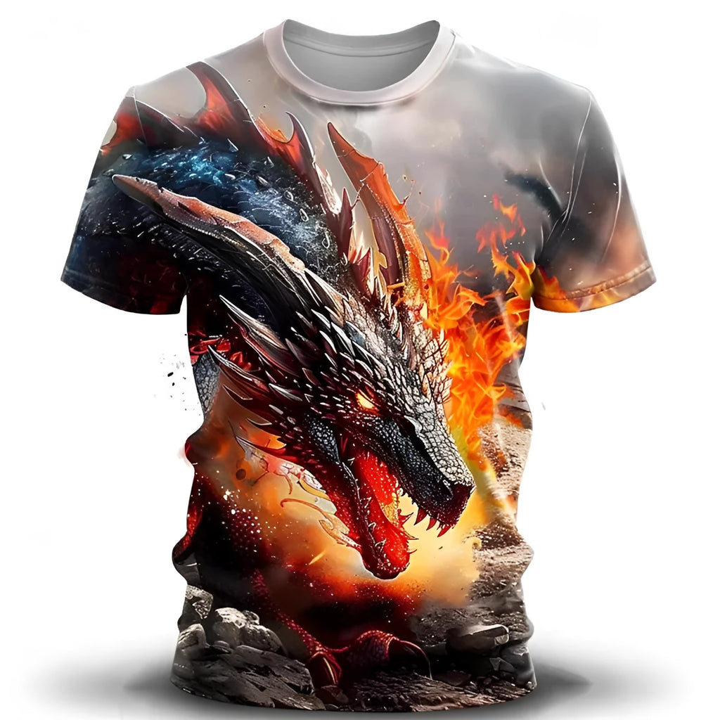 Men's grey T-shirt with raised 3D wind dragon design on front, short sleeve casual style