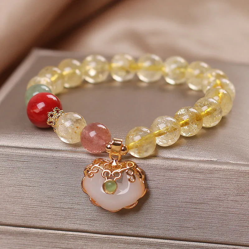 Women's pendant bracelet with natural citrine jade ruyi charm in yellow hair crystal colour