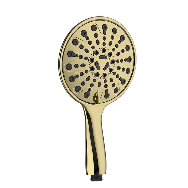 Six-function portable handheld shower head with electroplated finish, 6 inches in diameter.