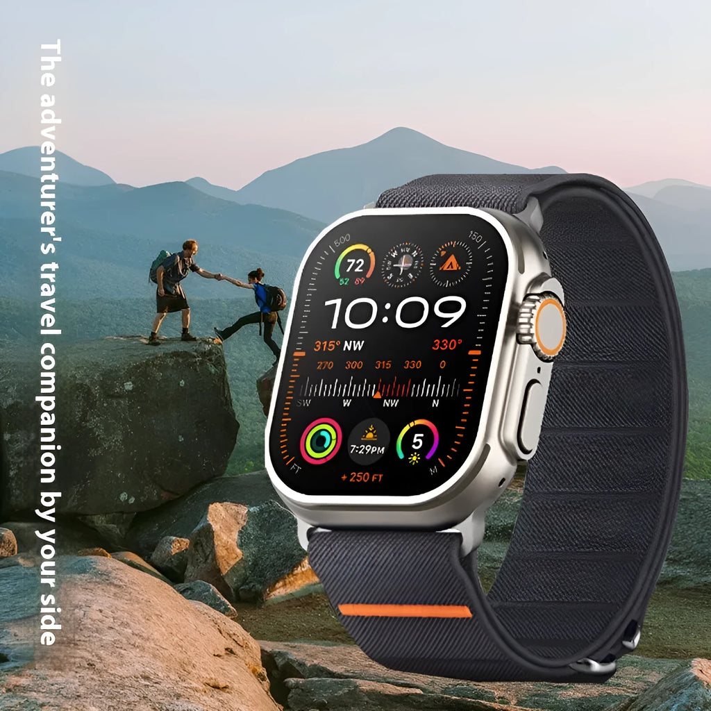 Elastic nylon Apple Watch replacement strap with stainless steel buckle shown in multiple colour options