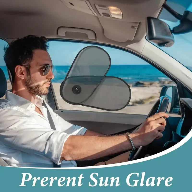 Black breathable car window shade with suction cups stretched across a car side window