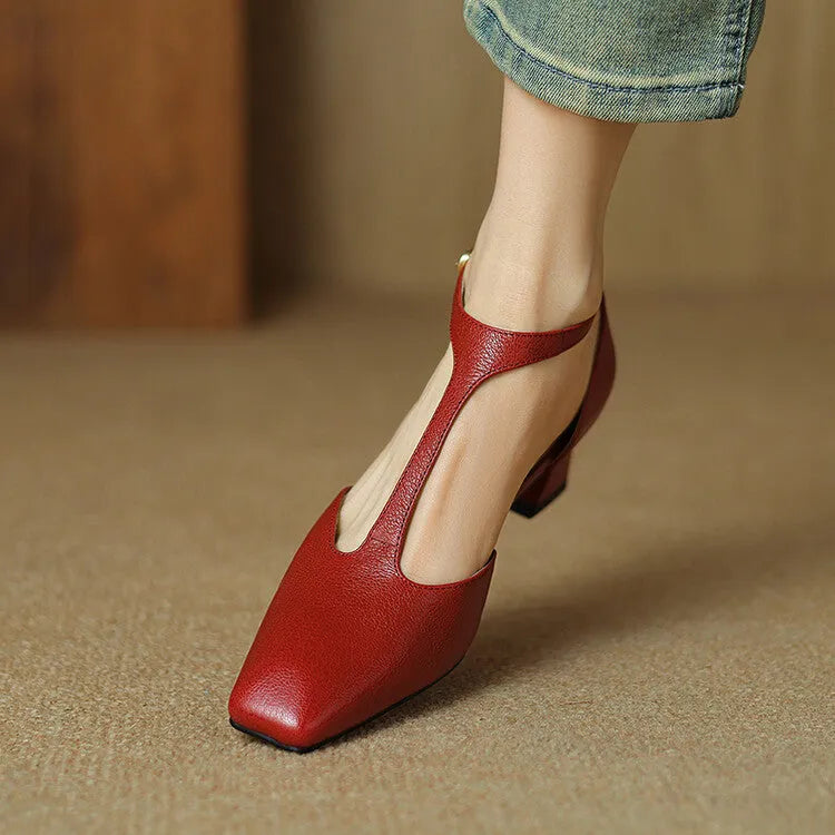 Red women's square toe chunky heel shoes with buckle, made from sheepskin leather.