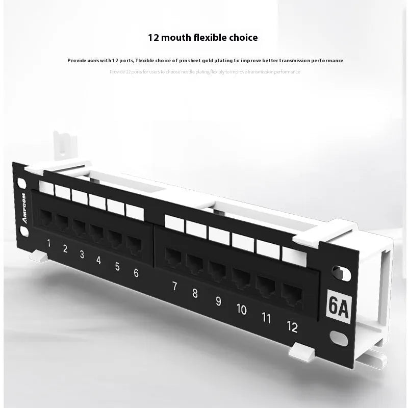 Black 12-port unshielded network distribution frame with rear hook bracket
