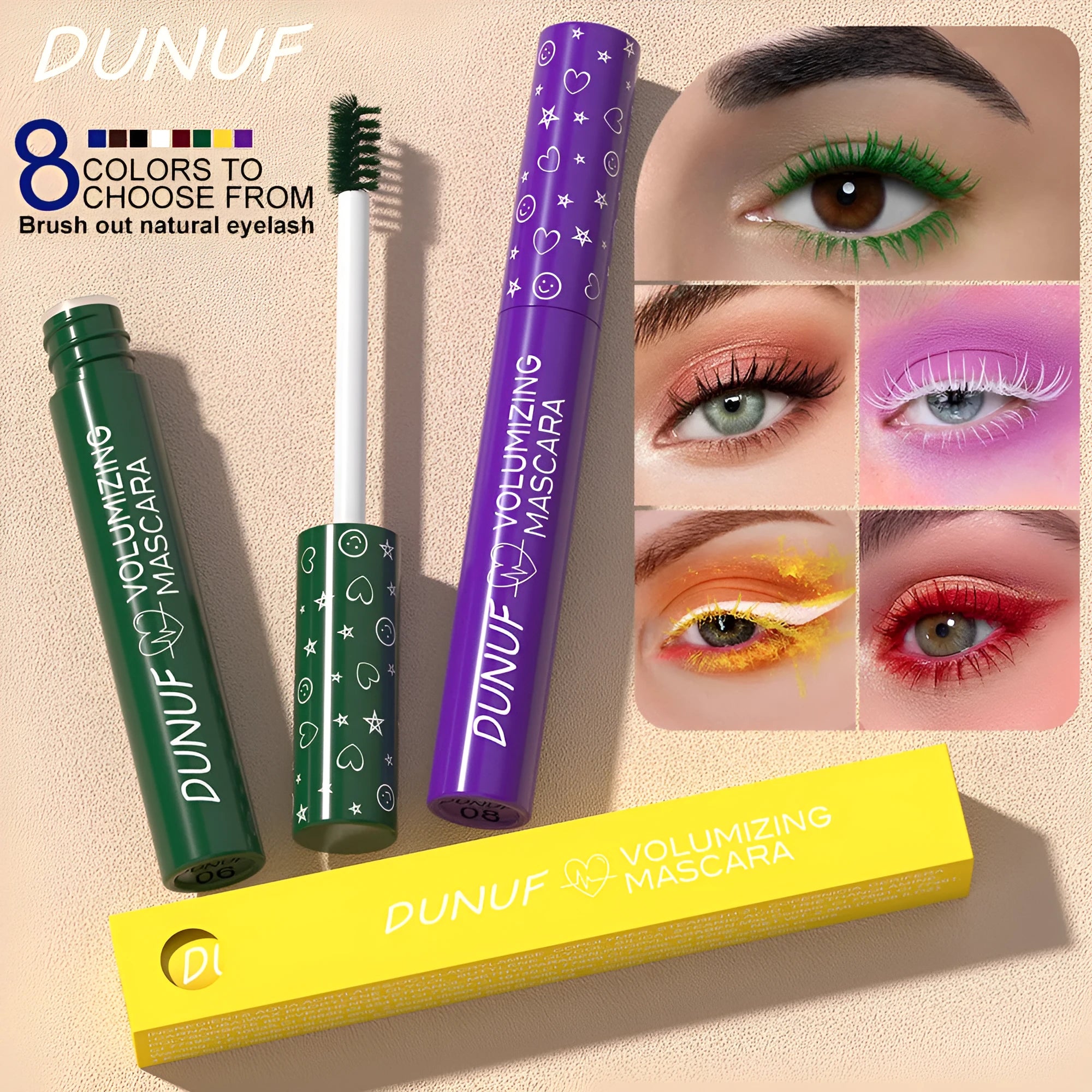 Thick long curling waterproof colour mascara in eight shades 01 to 08 for dense volumised lashes