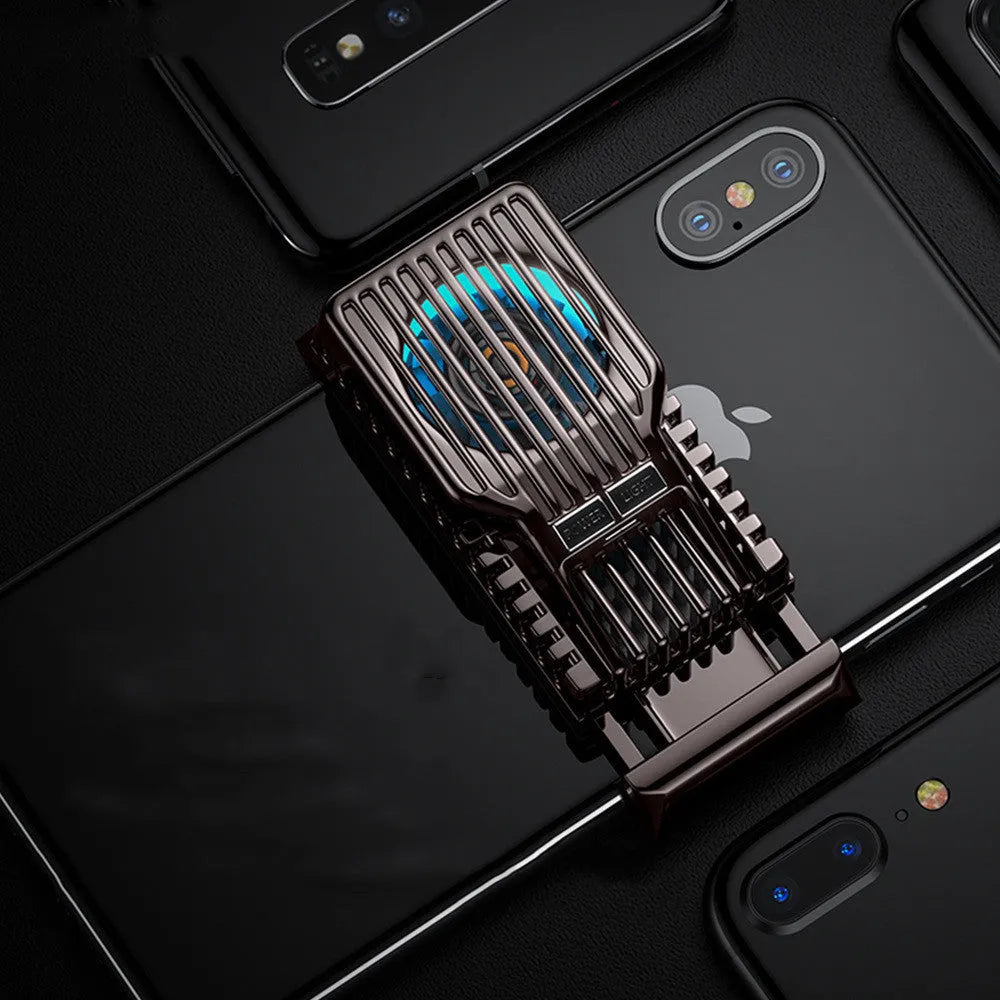 Black mobile phone radiator with clip design showing ceramic cooling surface and aluminum construction