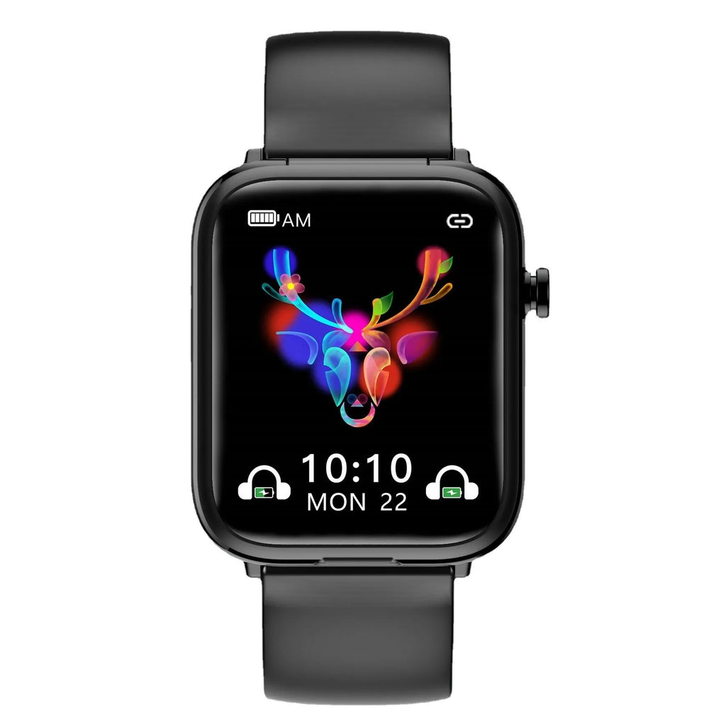 Black smart Bluetooth headset watch with full touch screen showing heart rate monitoring display
