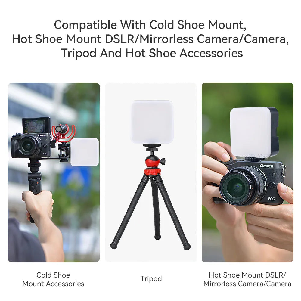 Compact square LED outdoor flash unit with mini tripod, showing rotatable head and scale indicating 7.3cm size.