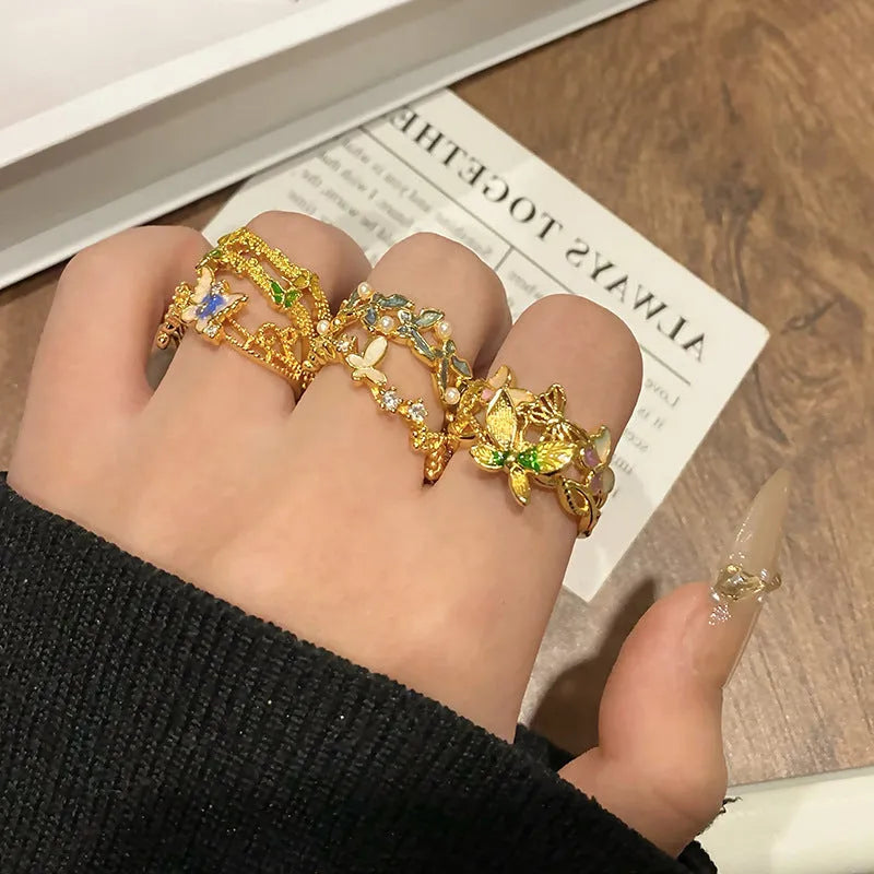 Copper butterfly women's ring with creative Chinese design and dripping oil finish