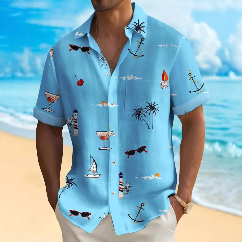 Man wearing a loose-fit, short-sleeve Hawaiian shirt with a colourful digital print pattern.