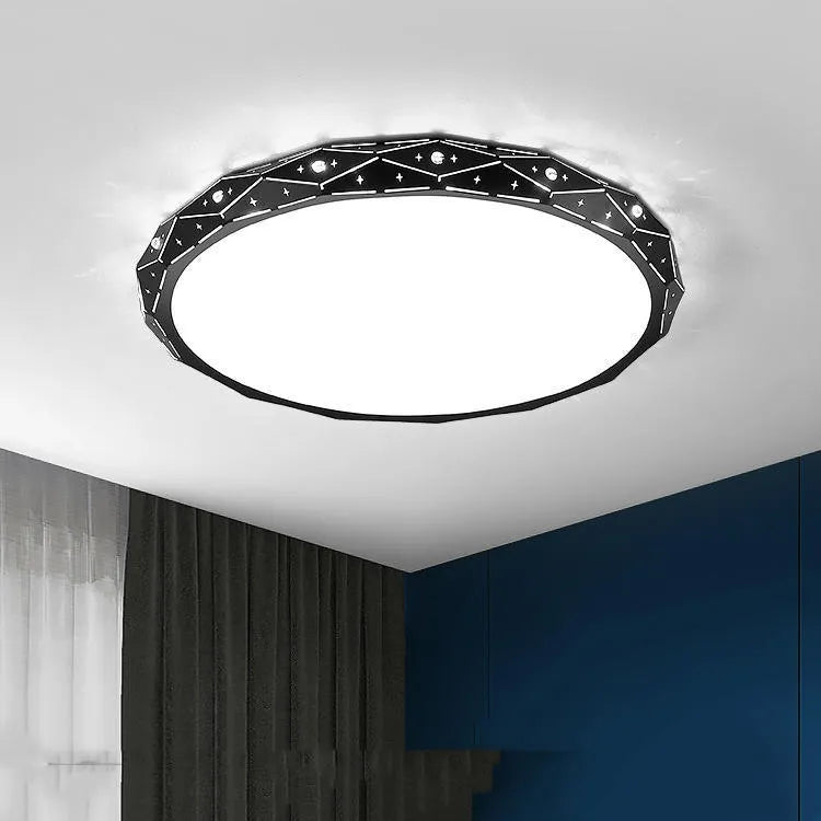 Round LED ceiling light with iron frame shown in black and white finish options