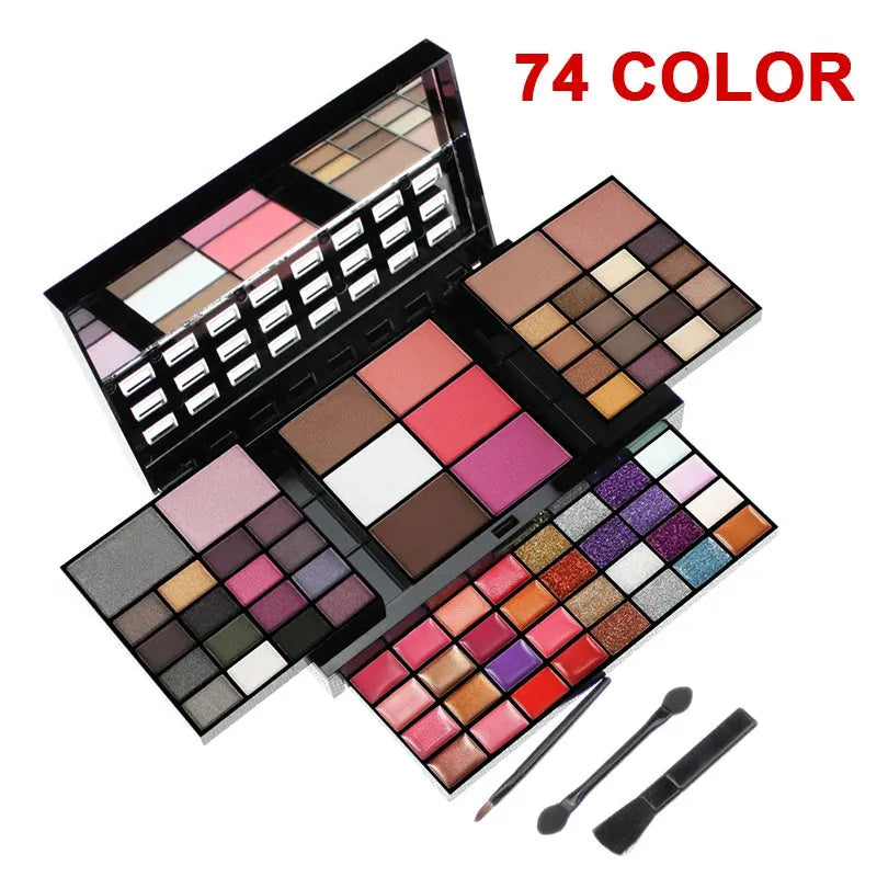 74 colour makeup palette with eyeshadows, lip glosses, face powders, brushes in plastic case