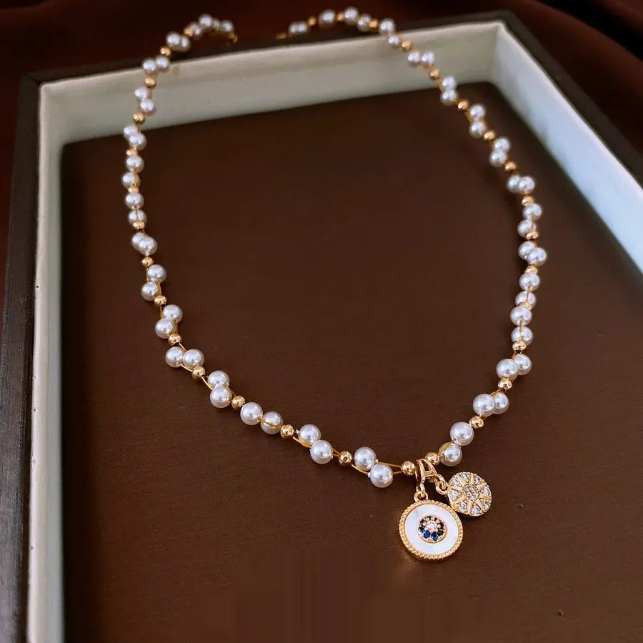 Real gold electroplated zircon pearl round pendant necklace on adjustable 41-50cm clavicle chain