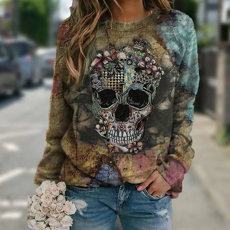 Black long sleeve sweatshirt with a large skull graphic print on the front.