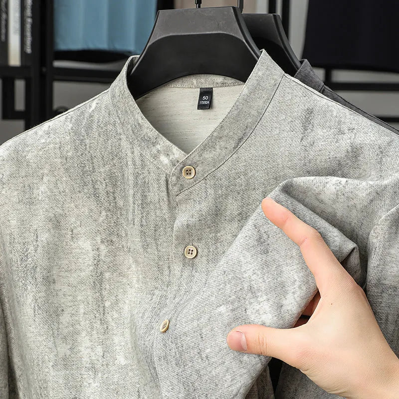 Men's loose linen-style cardigan shirt in chemical fibre blend fabric