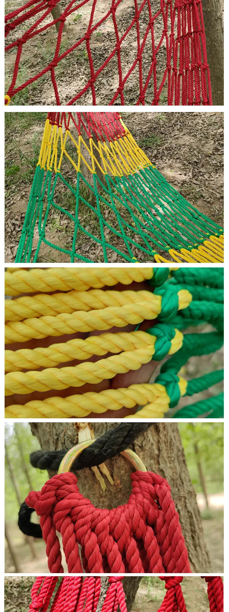 Outdoor nylon rope mesh hammock hung between two trees showing its open weave and supplied tying hardware.