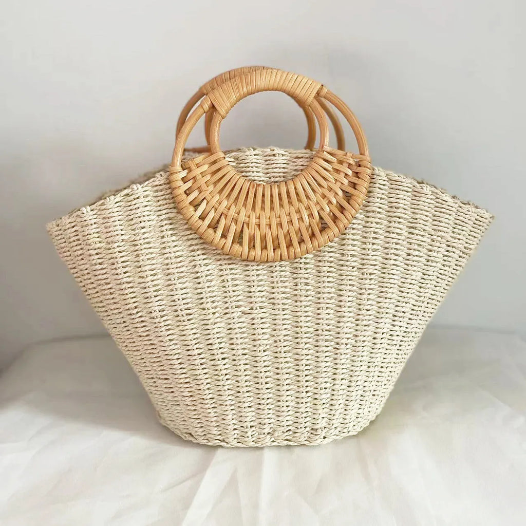 Women's straw weave beach resort bag open top satchel 44cm camel colour retro style