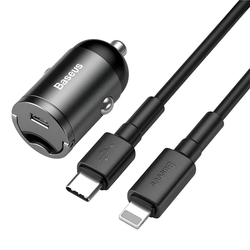 Baseus Electro-optical Grey single USB 30W PPS car charger with 1 metre cable.
