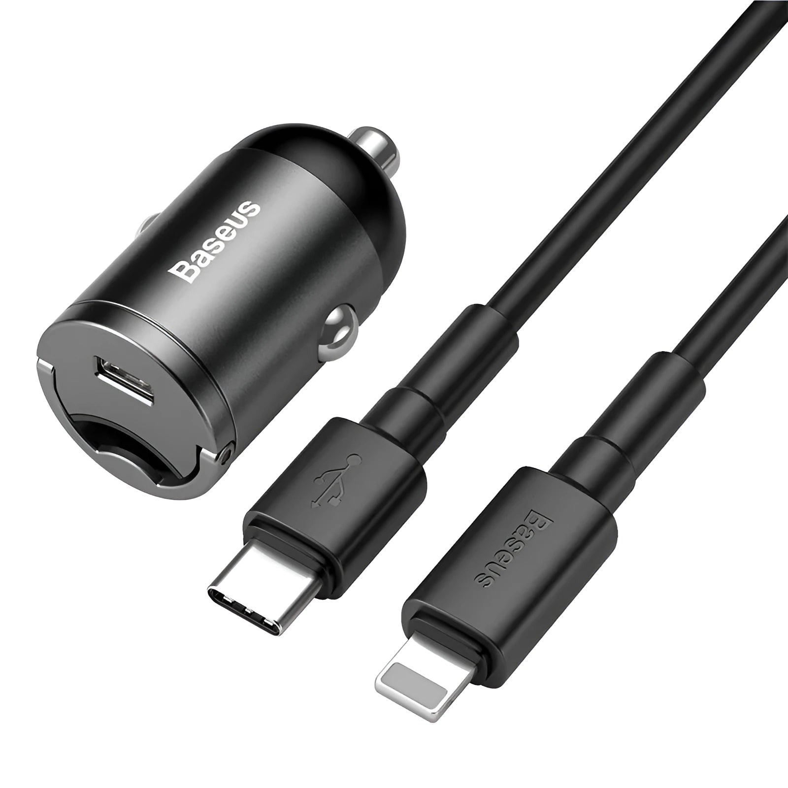 Baseus Electro-optical Grey single USB 30W PPS car charger with 1 metre cable.