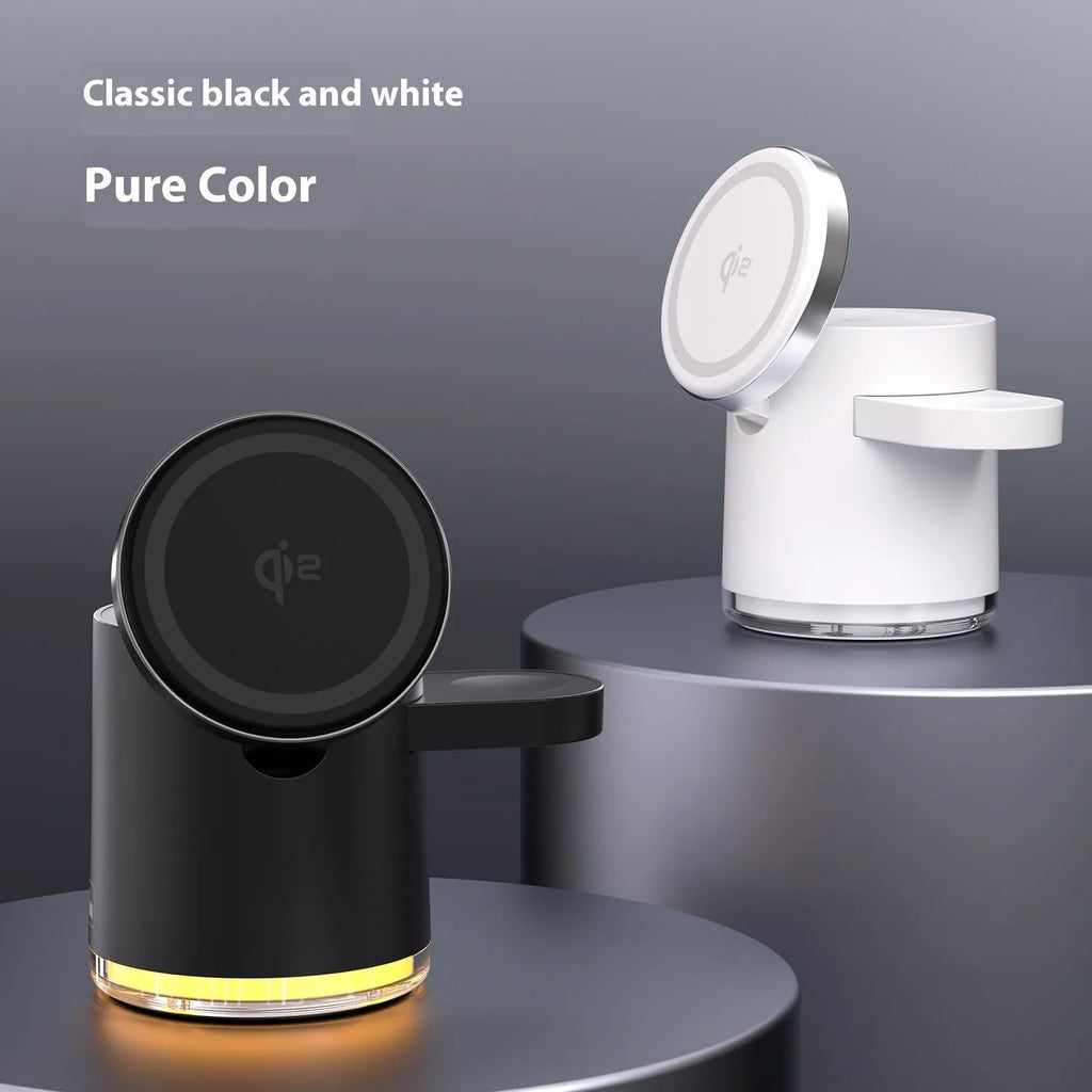 C16 folding magnetic wireless charger in black showing three device charging positions