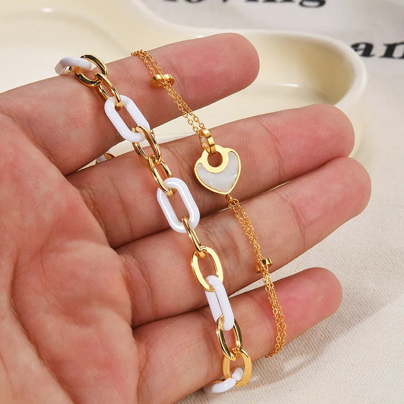 Women's stainless steel and resin bracelet with double-layer loving heart design in ins style