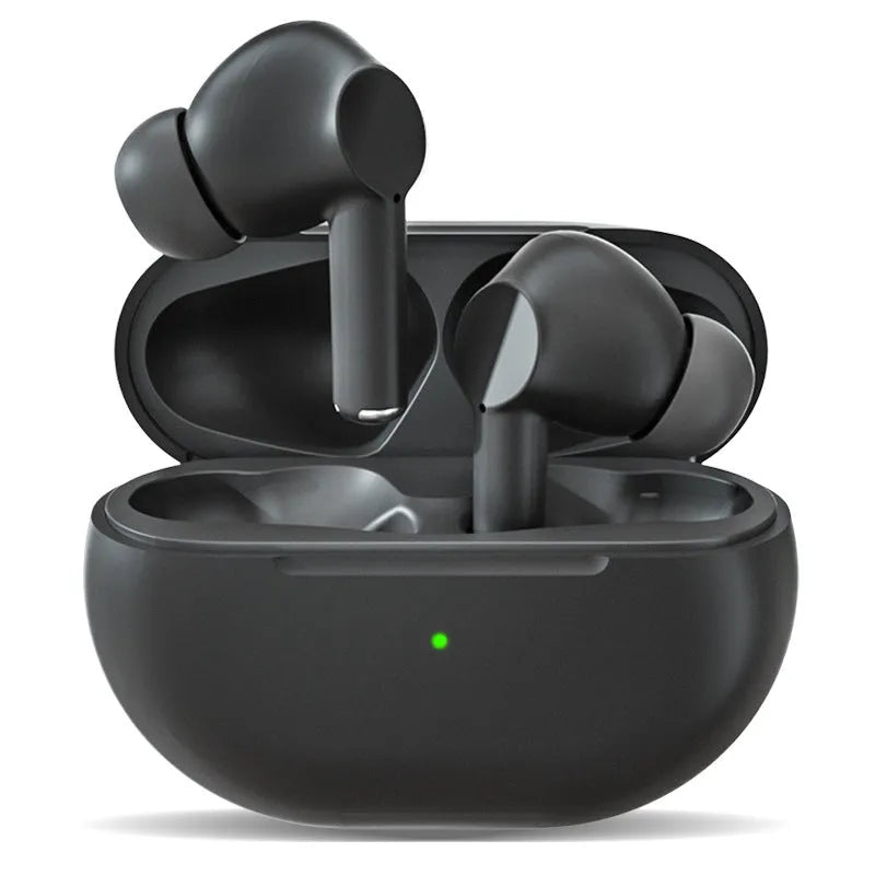 Black and white Pro4 Bluetooth headset with charging case on a table.