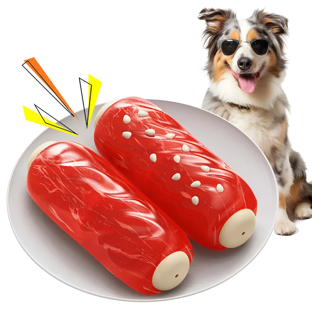 Primary colour plastic dog chew toy shaped like a toothbrush with a large molar rod.