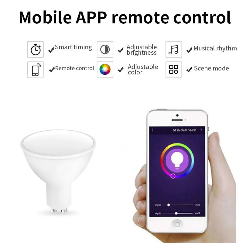 Smart WiFi GU10 RGBCCT LED spotlight with voice control, 5W, 50x55mm.
