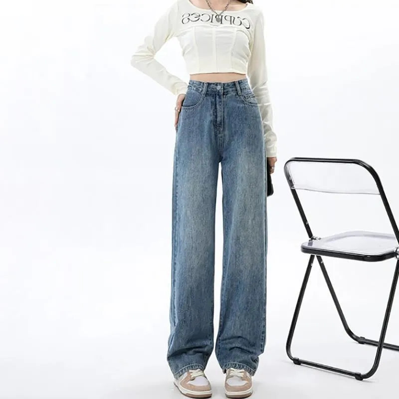 Women's retro blue wide leg jeans with high waist and straight leg design