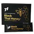 Jar of T1 Black Thai Honey showing dark black-coloured honey