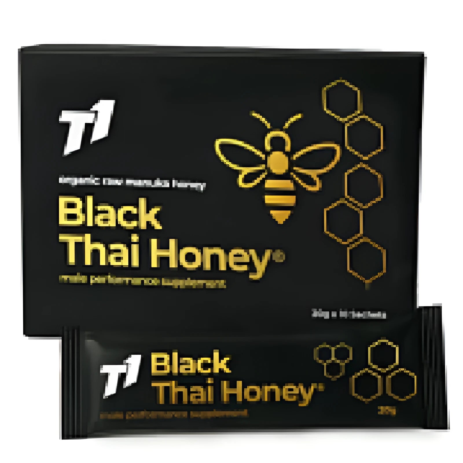 Jar of T1 Black Thai Honey showing dark black-coloured honey