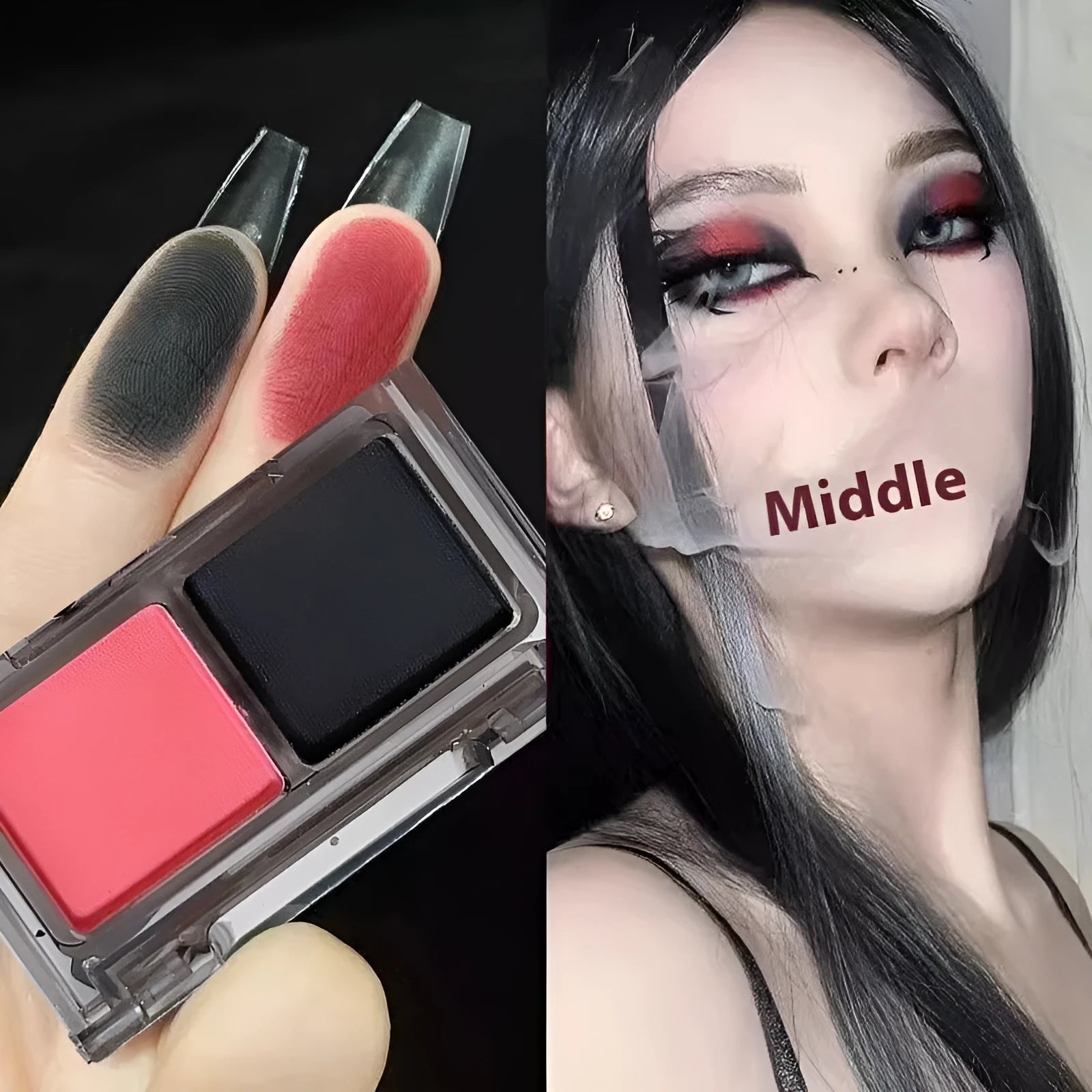Cool two-tone eyeshadow palette showing pink and black colours with matte and shimmer finishes in punk style design