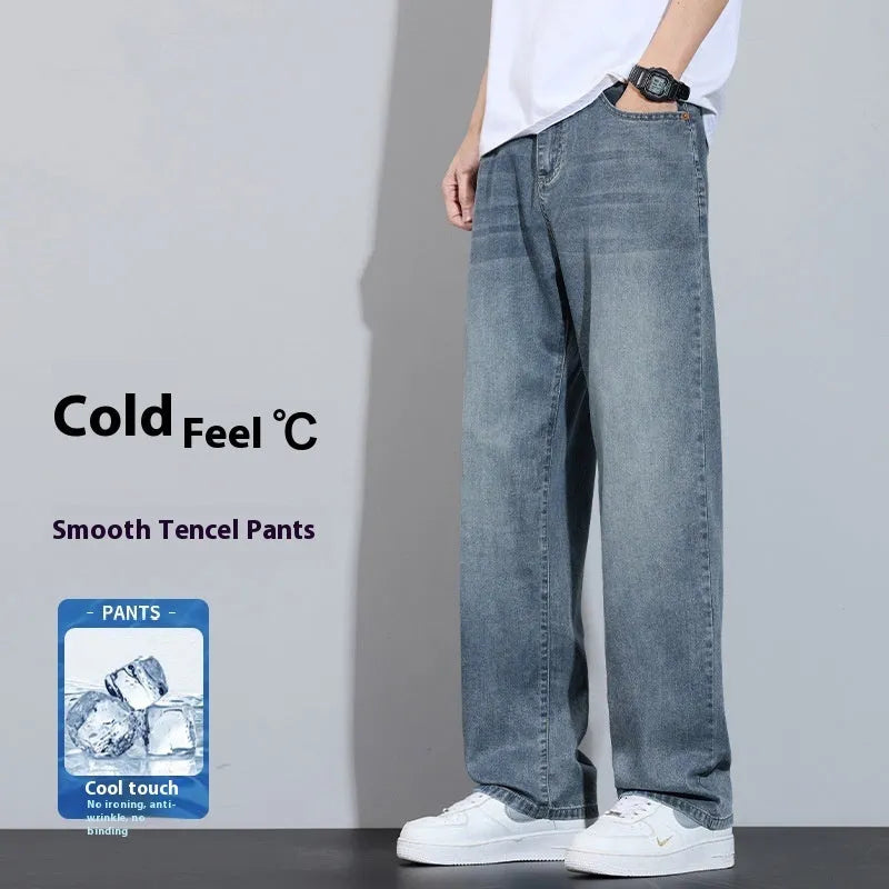 Straight-leg casual trousers in thin ice silk denim fabric shown in UK2560 blue colour.