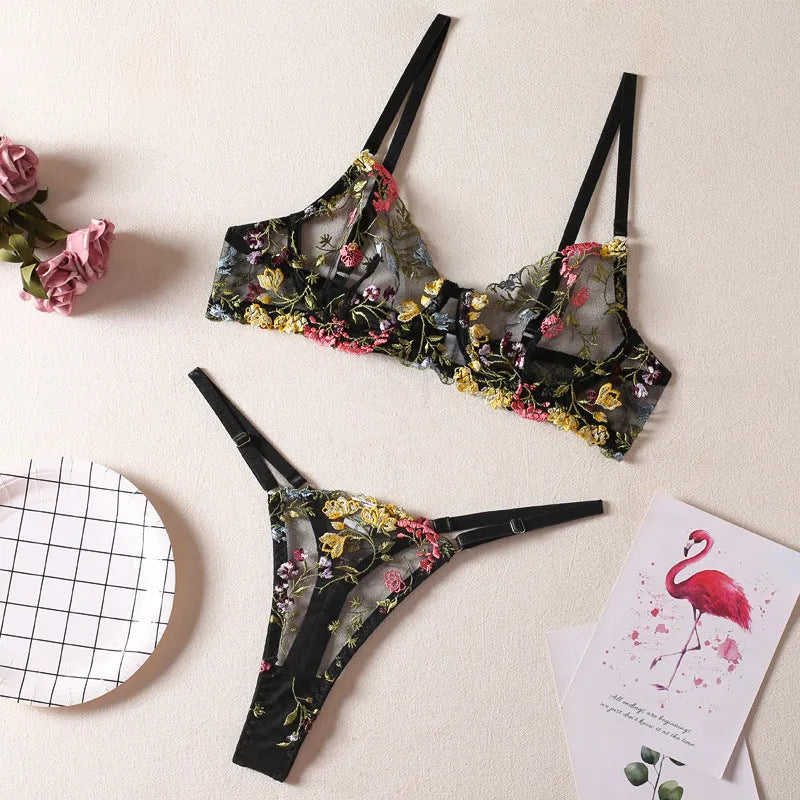 Women's floral pure desire style underwear set in skin colour, purple, black, yellow, or pink.