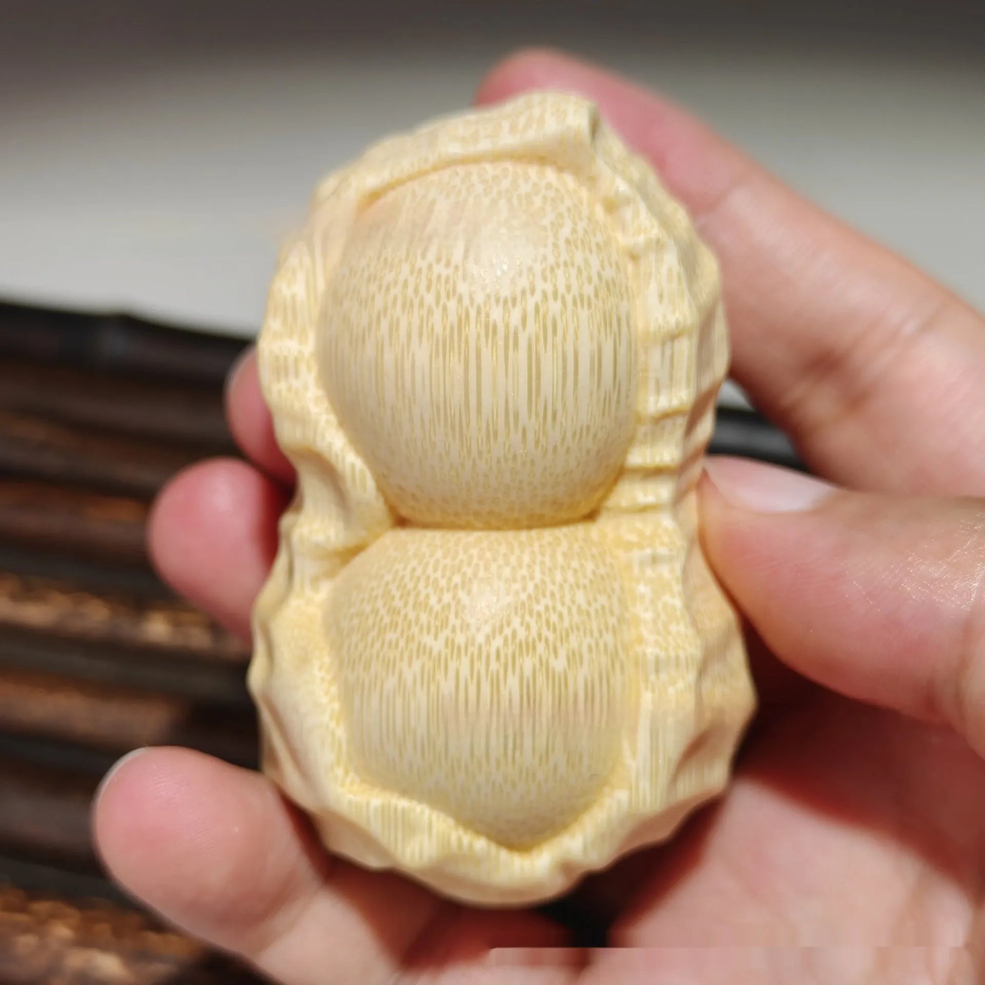 Natural bamboo carving peanut ornament with Good Things May Happen inscription